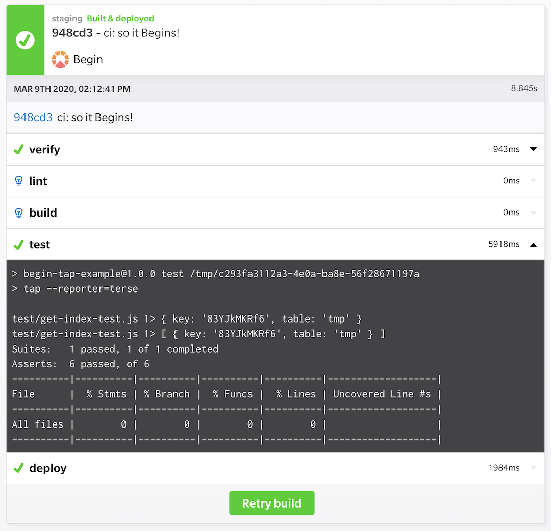 Serverless app testing with TAP on Begin