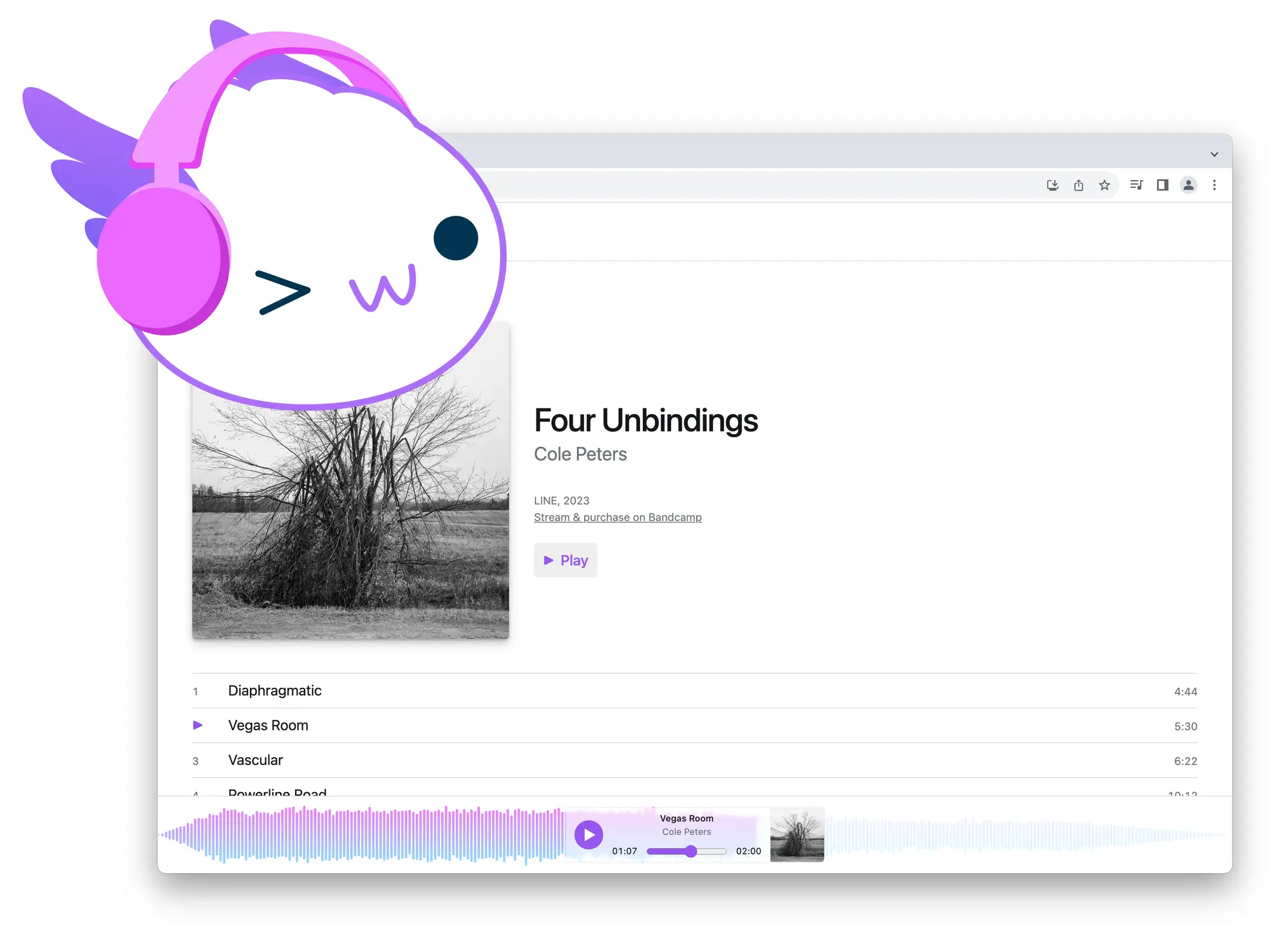 Axol the axolotl wearing headphones and winking, with a music library and audio player in a browser window below
