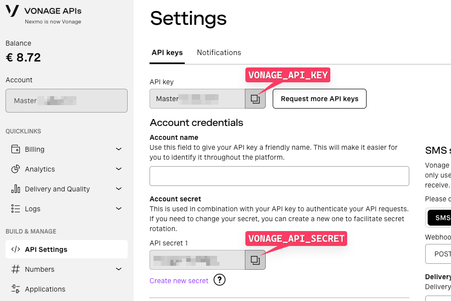 Vonage API keys